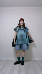 混色間條長身T-shirt/深藍