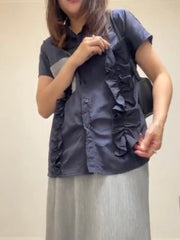 撞色口袋Ruffle恤衫/深藍