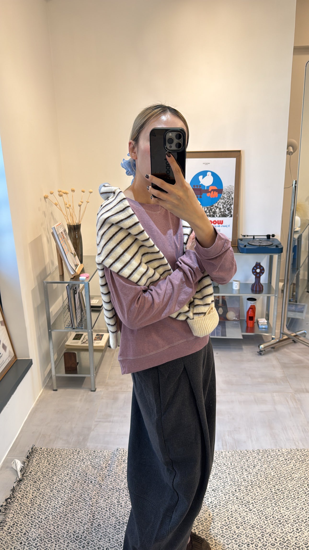 雙色間條cardigan/白+灰