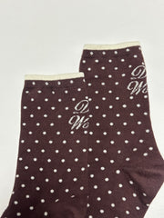 波點文字襪/啡+米白