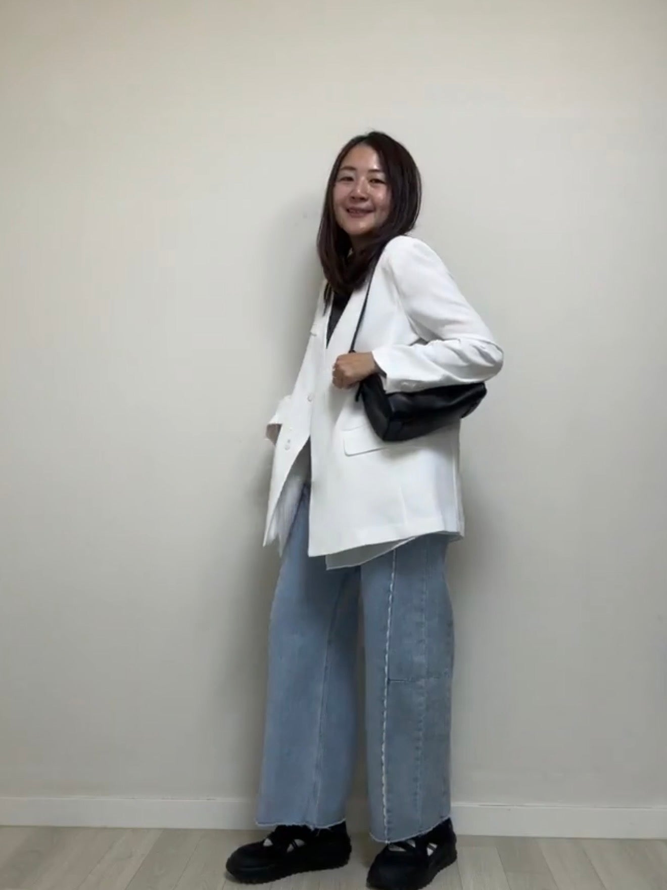 紗腳V領西裝褸/白