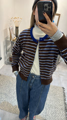 雙色間條cardigan/啡+藍