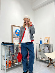 併色cardigan/灰+紅