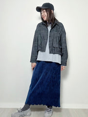 壓褶絲絨直身裙/深藍