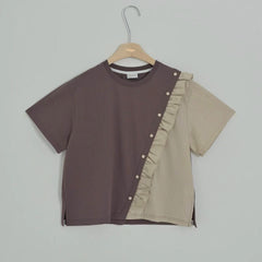 條子布料併布T-shirt/朱古力