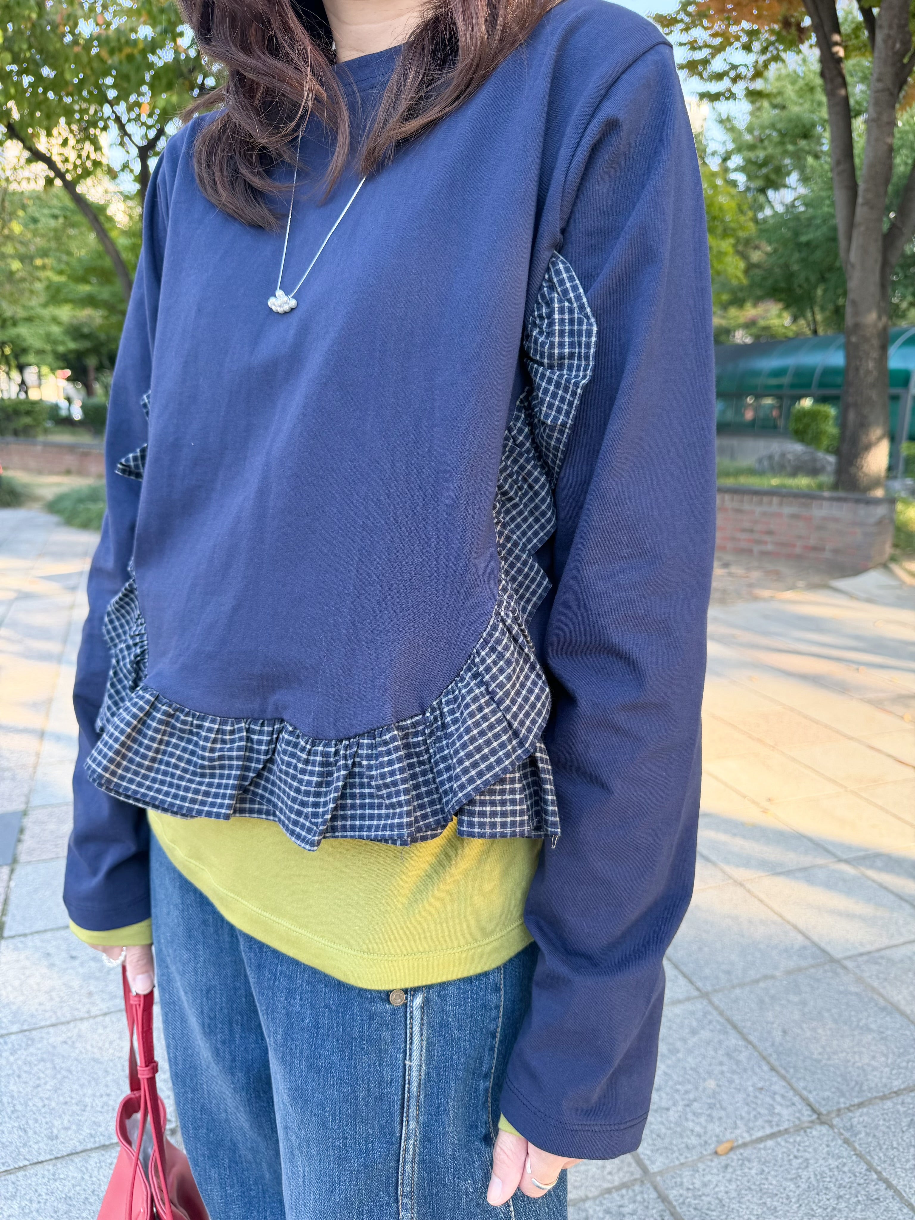 格仔Ruffle邊T-shirt/深藍