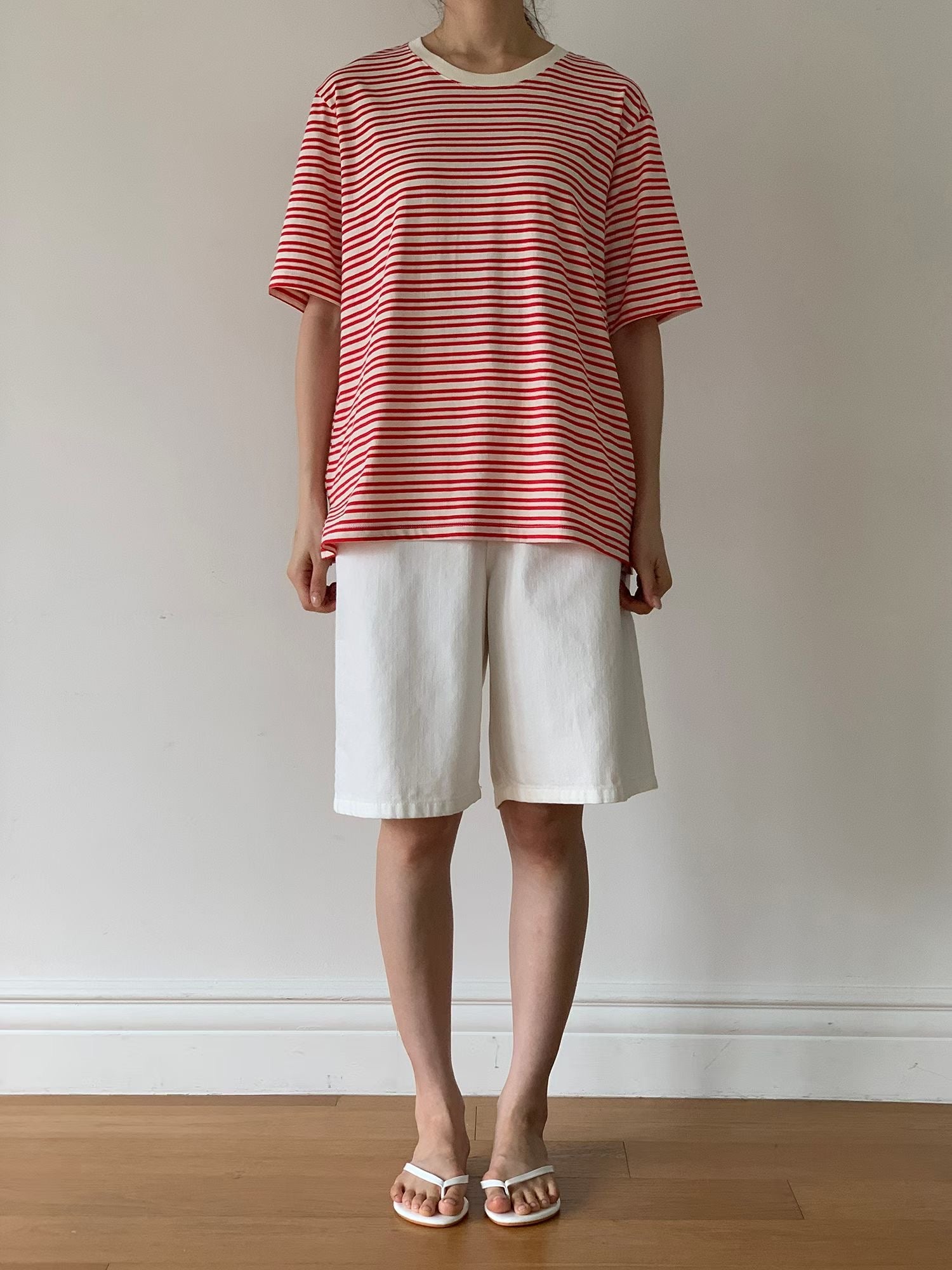 簡約間條T-shirt/紅