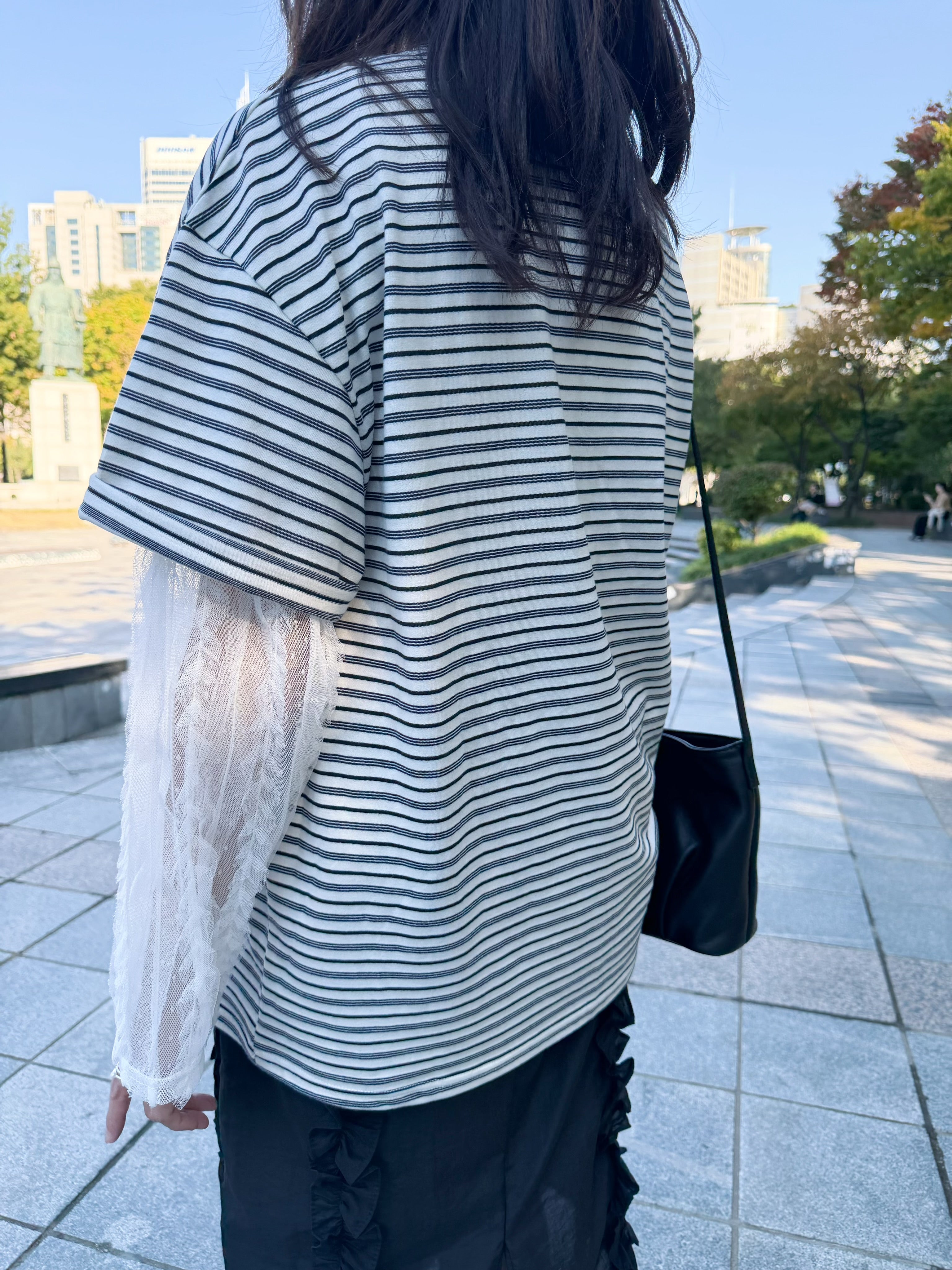 闊身間條喱士袖T-shirt/白