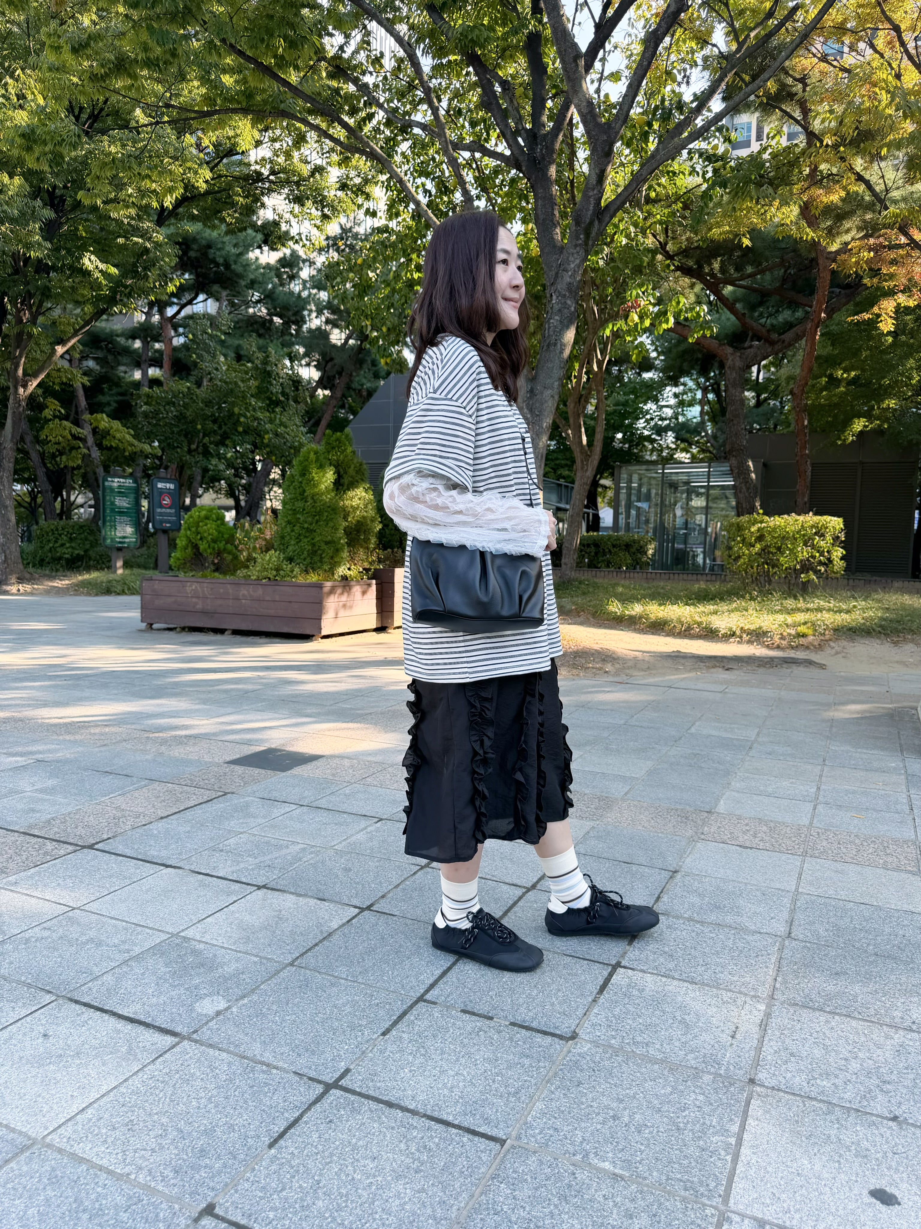 闊身間條喱士袖T-shirt/白