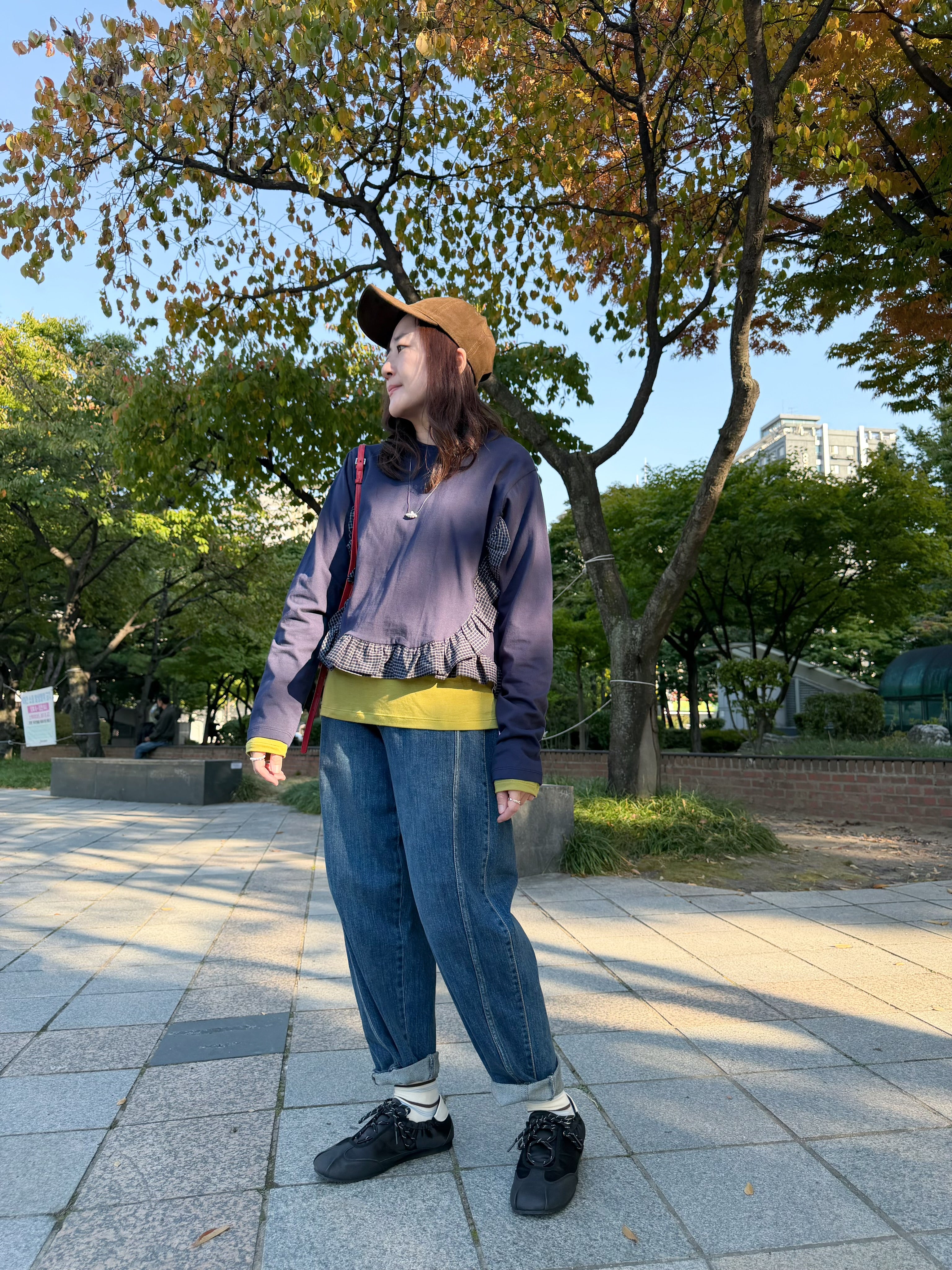 格仔Ruffle邊T-shirt/深藍