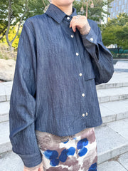 牛仔後縮褶恤衫外套/藍