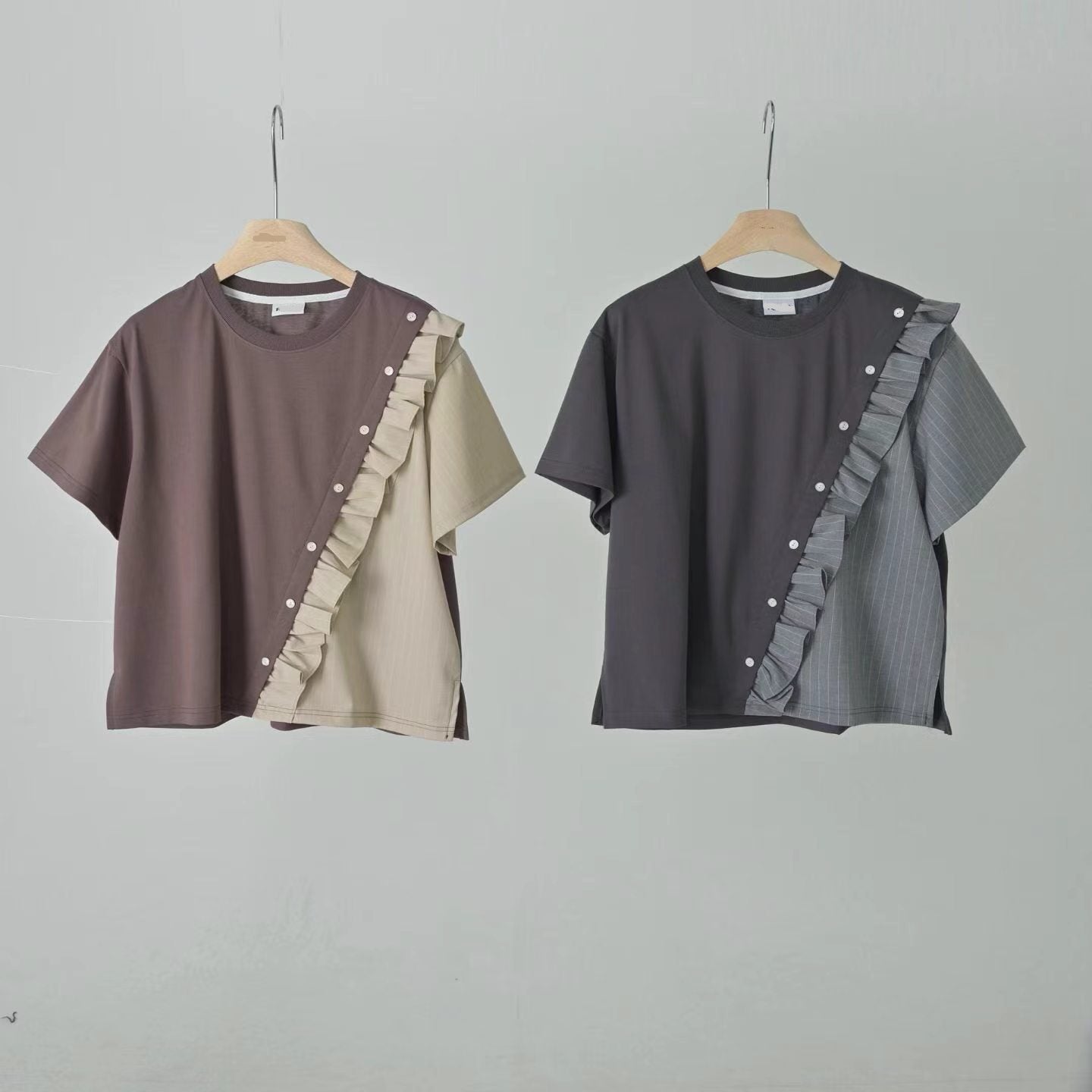 條子布料併布T-shirt/灰