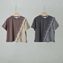 條子布料併布T-shirt/灰
