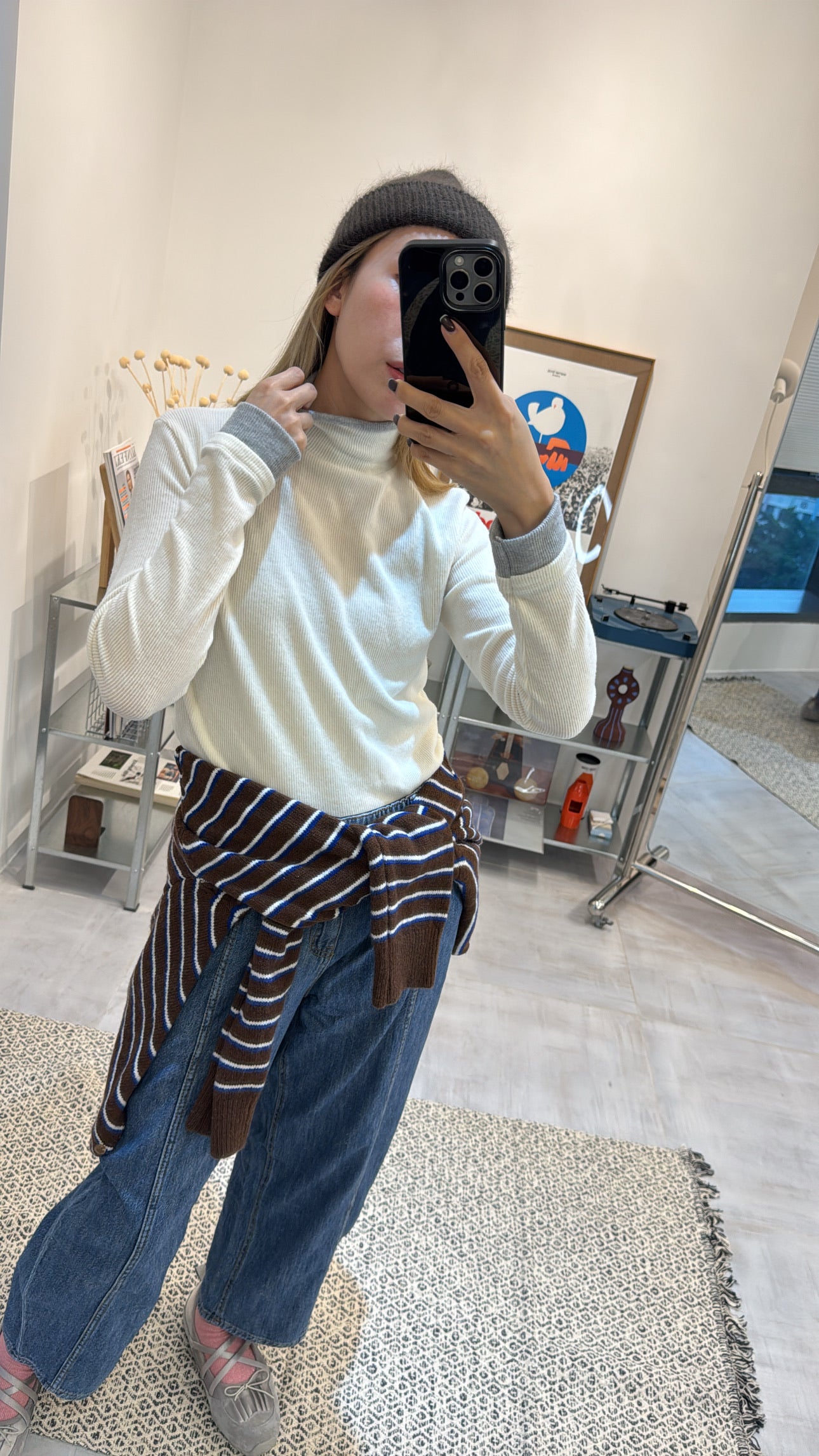 雙色間條cardigan/啡+藍