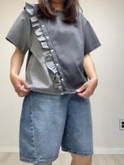 條子布料併布T-shirt/灰