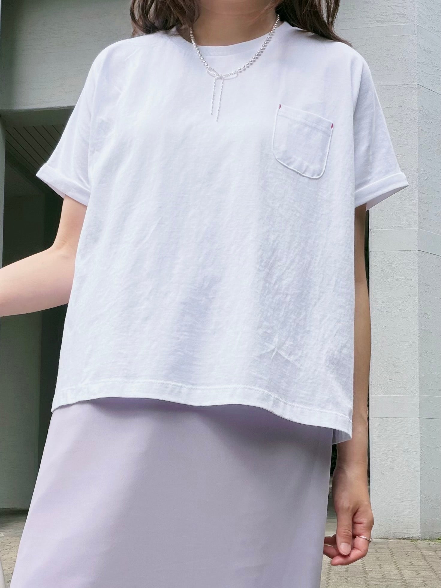 口袋撞色線T-shirt/白