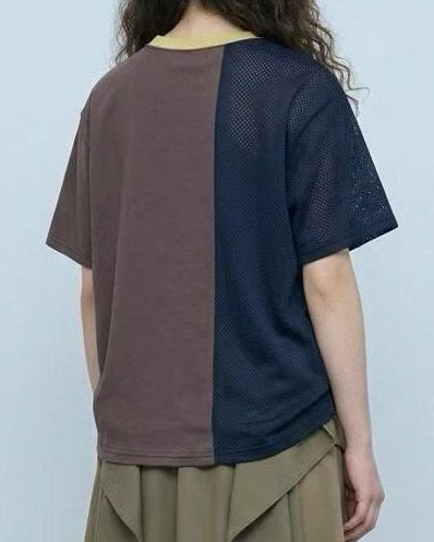 網布Ruffle撞色領T-shirt/深藍+啡