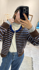 雙色間條cardigan/啡+藍