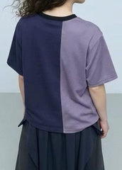 網布Ruffle撞色領T-shirt/灰+深藍