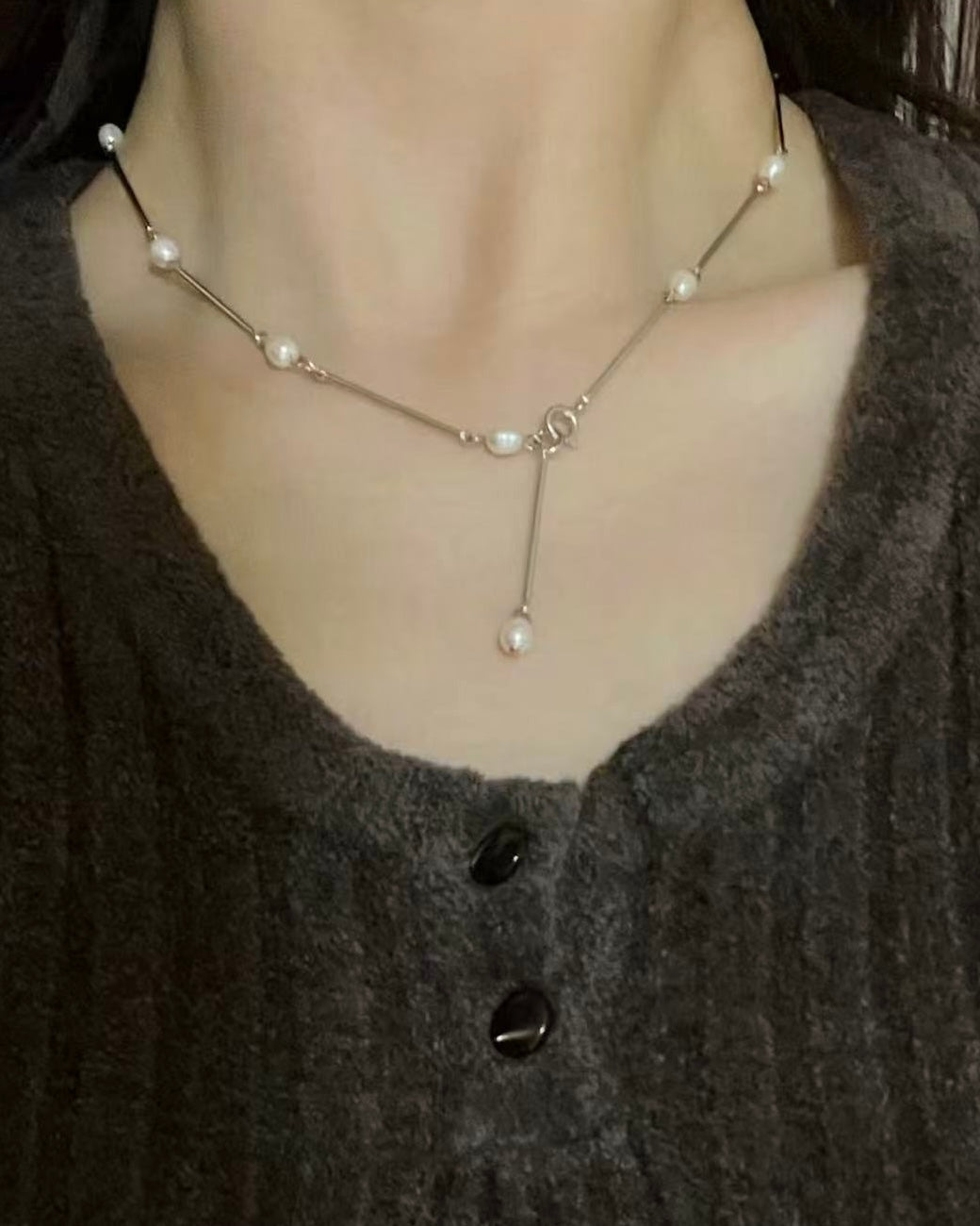 珍珠併條條頸鏈/銀