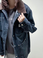 燈心絨領牛仔褸/黑