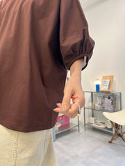 後併布泡泡袖T-shirt/啡