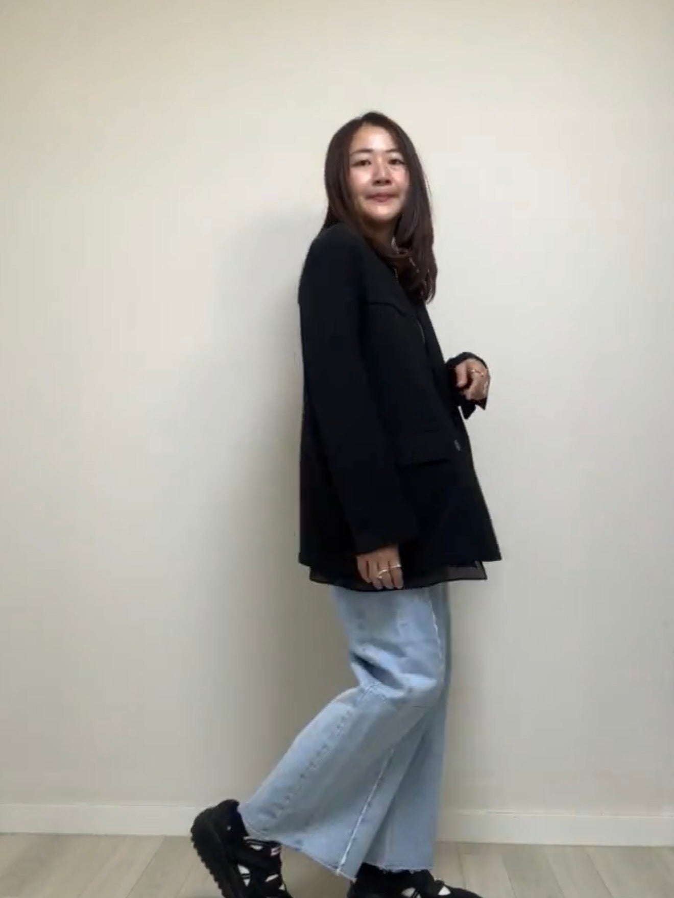 紗腳V領西裝褸/黑