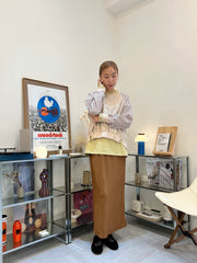 條子袖併布T-shirt/杏