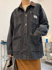 燈心絨領牛仔褸/黑