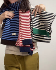 間條撞色冷頸巾/藍+啡