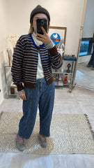 雙色間條cardigan/啡+藍
