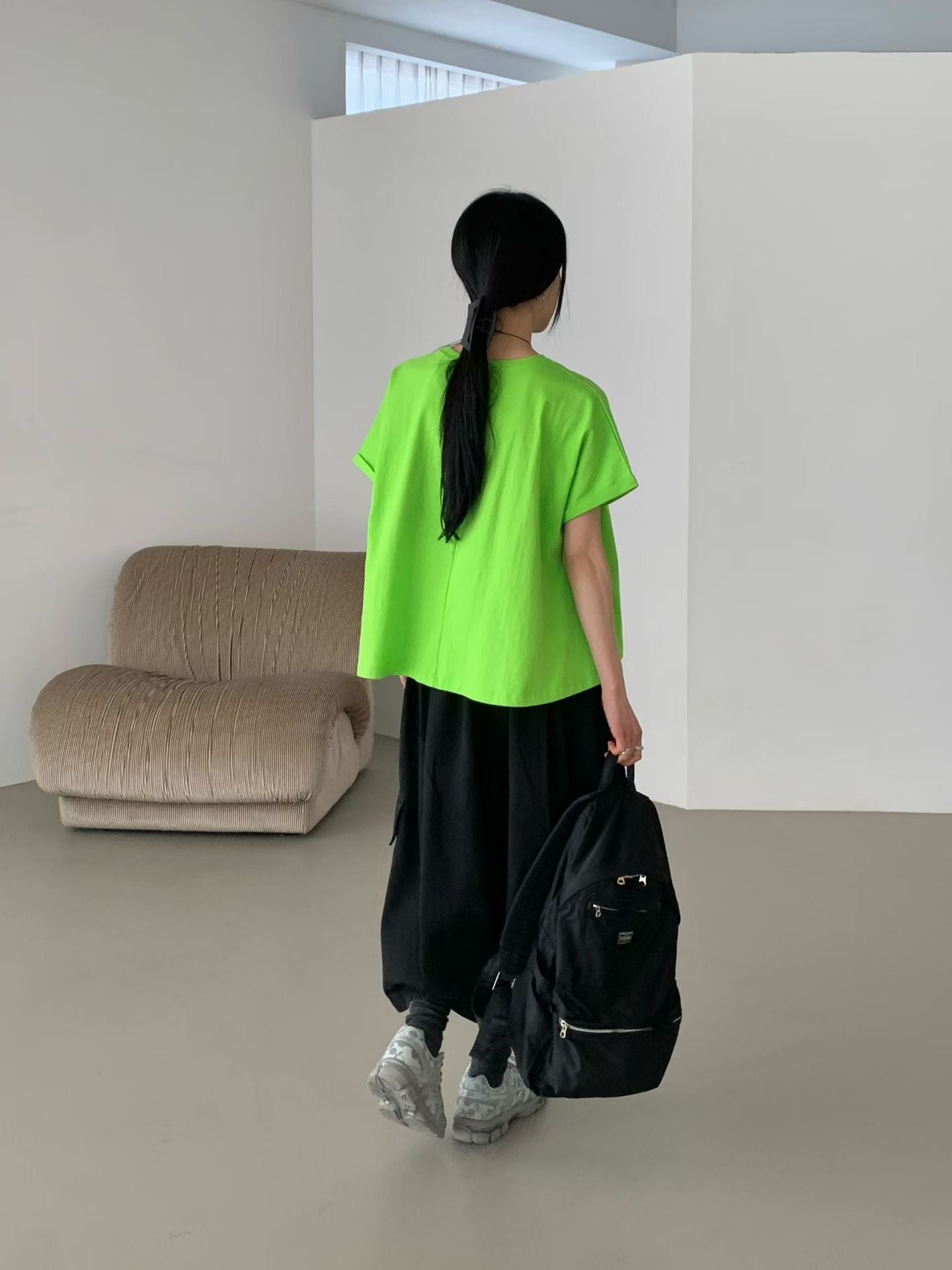 口袋撞色線T-shirt/綠