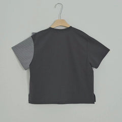 條子布料併布T-shirt/灰