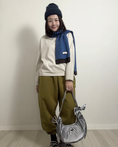 間條撞色冷頸巾/藍+啡