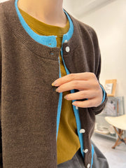 併色cardigan/啡+彩藍