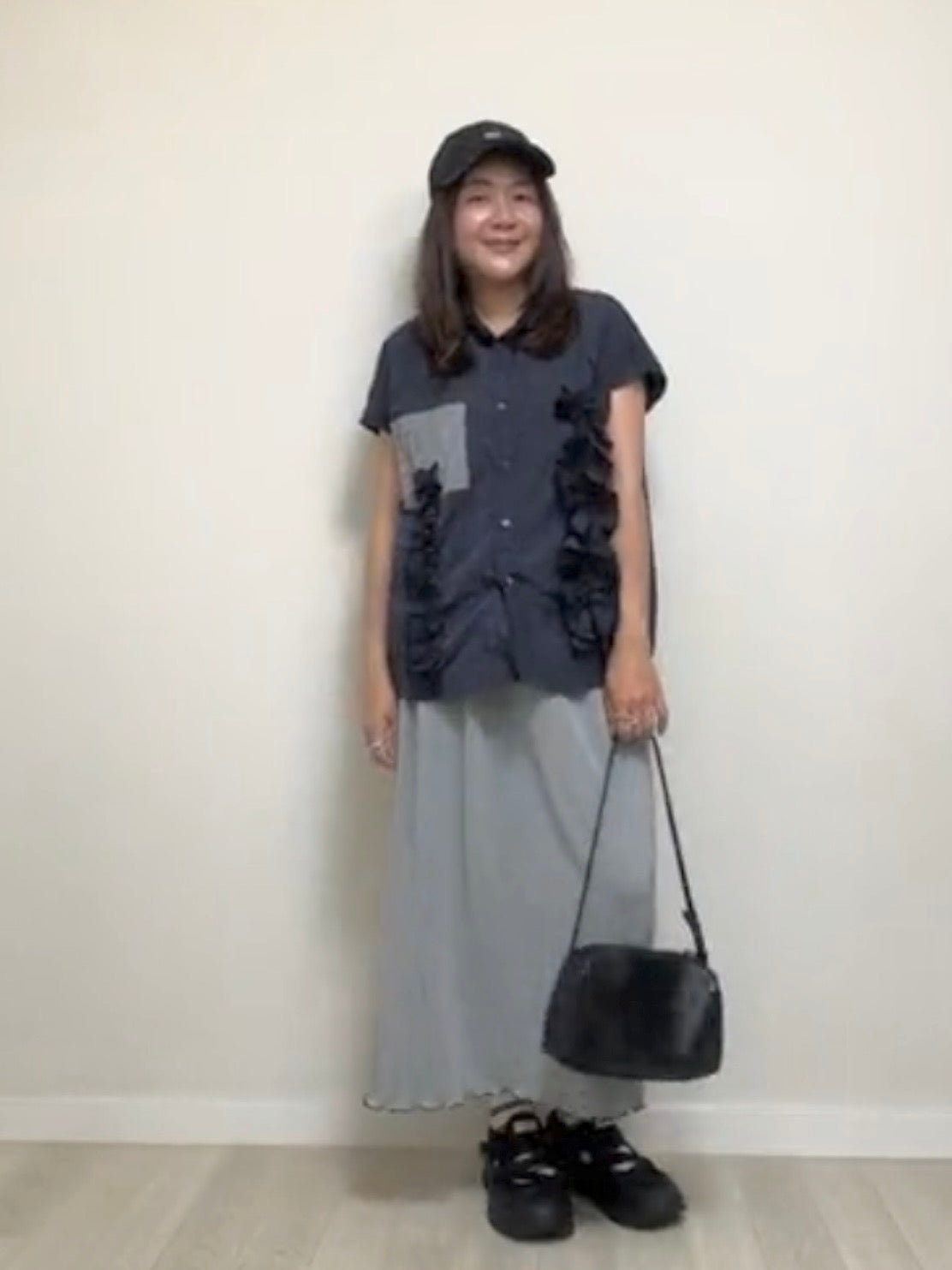 撞色口袋Ruffle恤衫/深藍