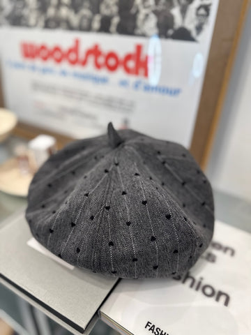 心心條紋具蕾帽/灰