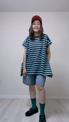 混色間條長身T-shirt/深藍