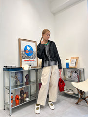 前間條後淨色T-shirt/綠領