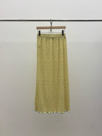 印花木耳邊壓褶直身裙/黃