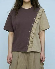 條子布料併布T-shirt/朱古力