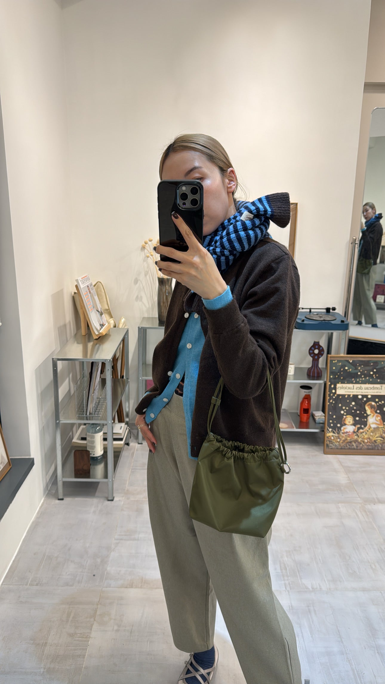 併色cardigan/啡+彩藍