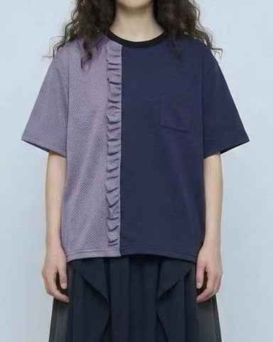 網布Ruffle撞色領T-shirt/灰+深藍