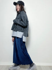 壓褶絲絨直身裙/深藍