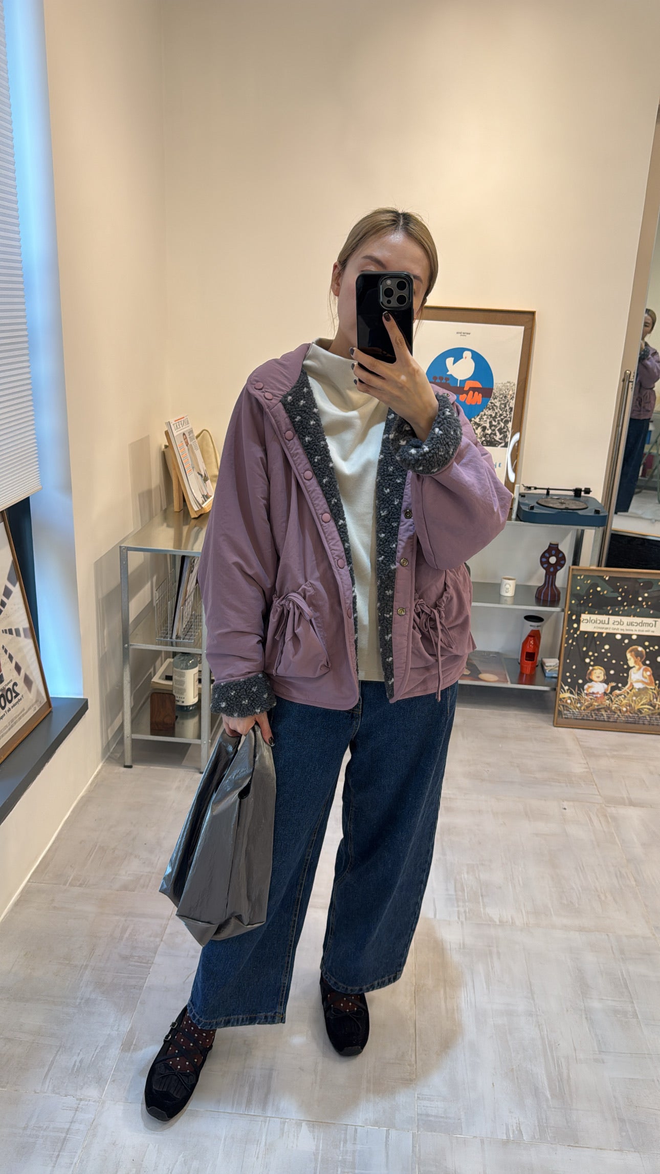 雙面點點外套/霧紫+灰