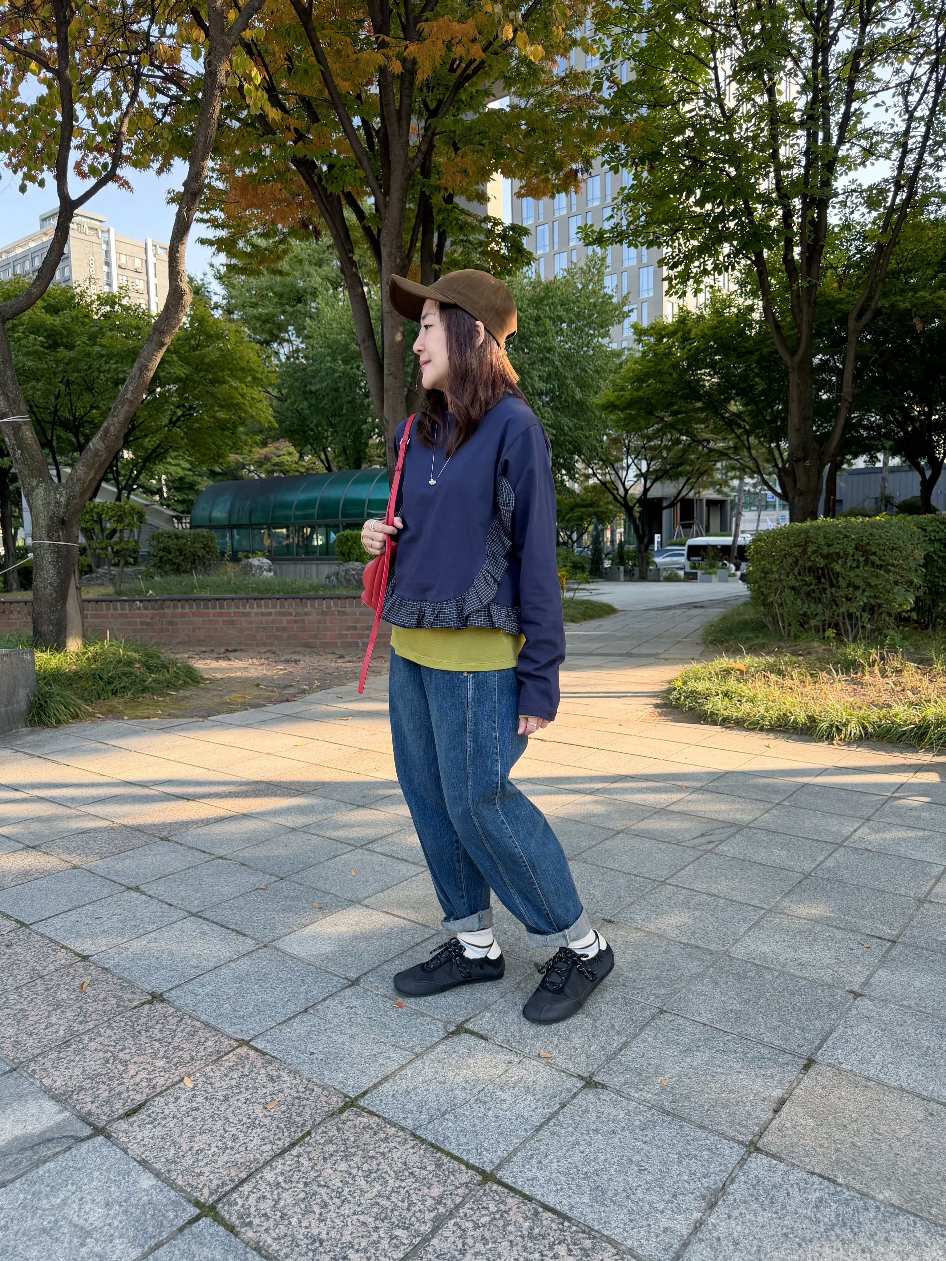 格仔Ruffle邊T-shirt/深藍