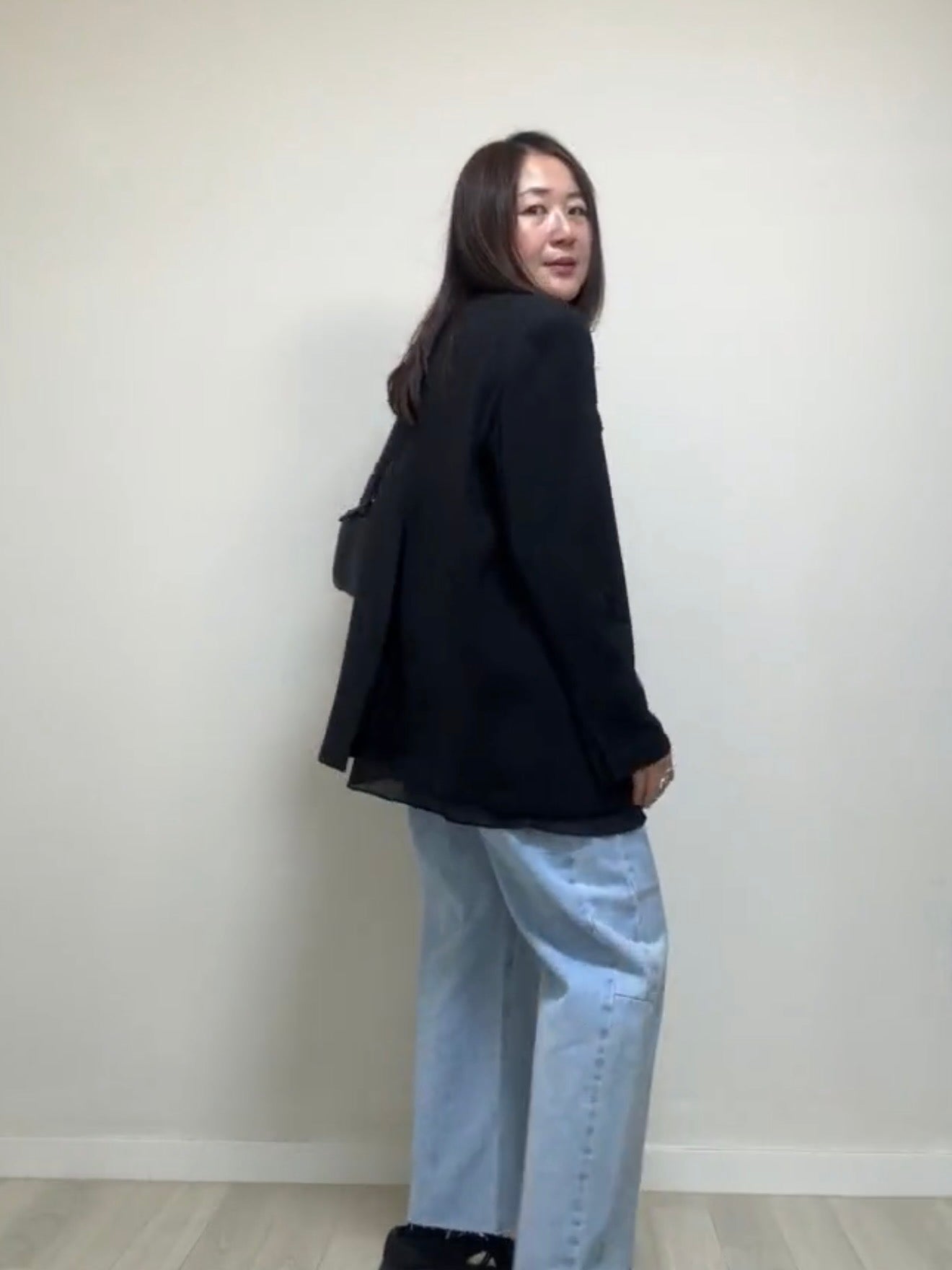 紗腳V領西裝褸/黑