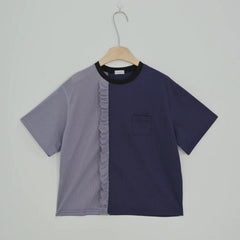 網布Ruffle撞色領T-shirt/灰+深藍