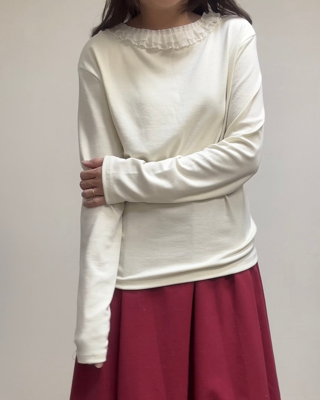 雙層網摺褶領T-shirt/米白