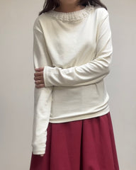 雙層網摺褶領T-shirt/米白